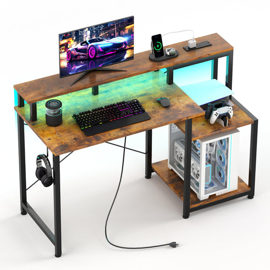 CAIYUN 48-inch brown computer desk with printer stand, adjustable LED lights, power outlets, monitor riser, ideal for office or study