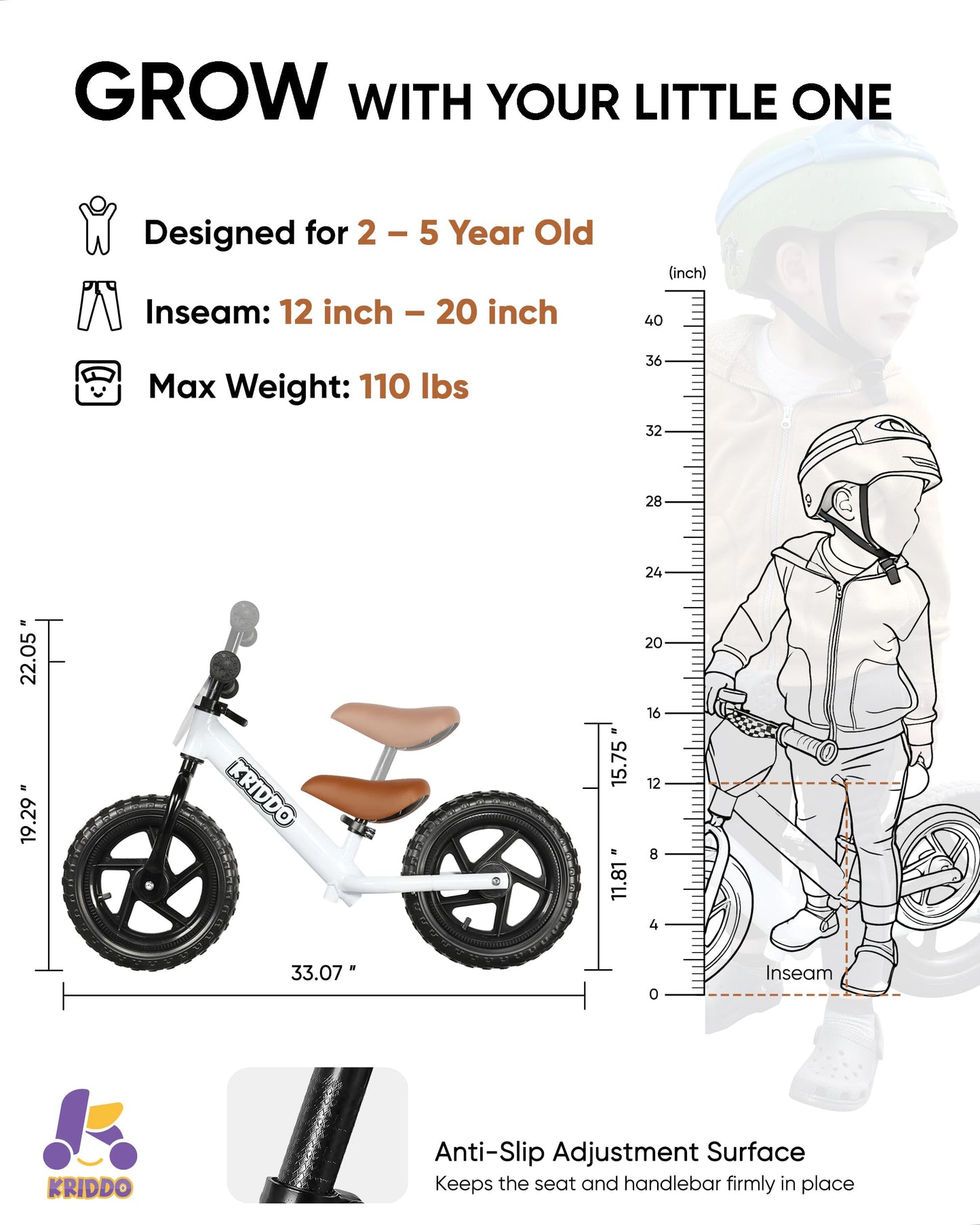 KRIDDO Toddler Balance Bike Age 2 to 5 Year Old, 12 Inch Push Bicycle with Customize Plate (3 Sets of Stickers Included), Gift Bike for 2-3 Boys Girls, White
