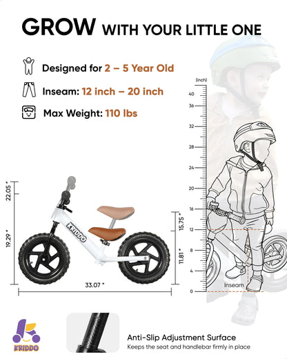 KRIDDO Toddler Balance Bike Age 2 to 5 Year Old, 12 Inch Push Bicycle with Customize Plate (3 Sets of Stickers Included), Gift Bike for 2-3 Boys Girls, White