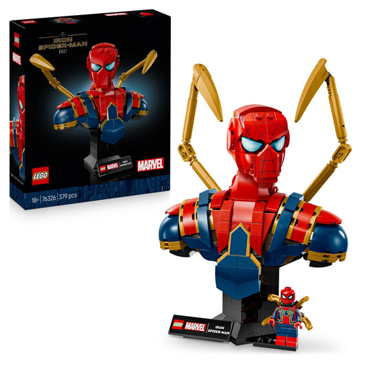 LEGO Marvel Iron Spider-Man bust display model with movable arms, rotating head, and superhero minifigure.