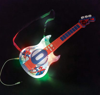 Lexibook Spider-Man light-up electronic guitar with microphone, glasses, melodies, game modes, and MP3 input in blue and red.