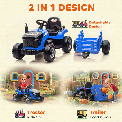 AIYAPLAY Ride on Tractor with Trailer, 12V Electric Vehicle with Remote Control, Ride on Car for Kids with Music, Shifter, Start-Up Sound for Ages 3-8 Years, Blue