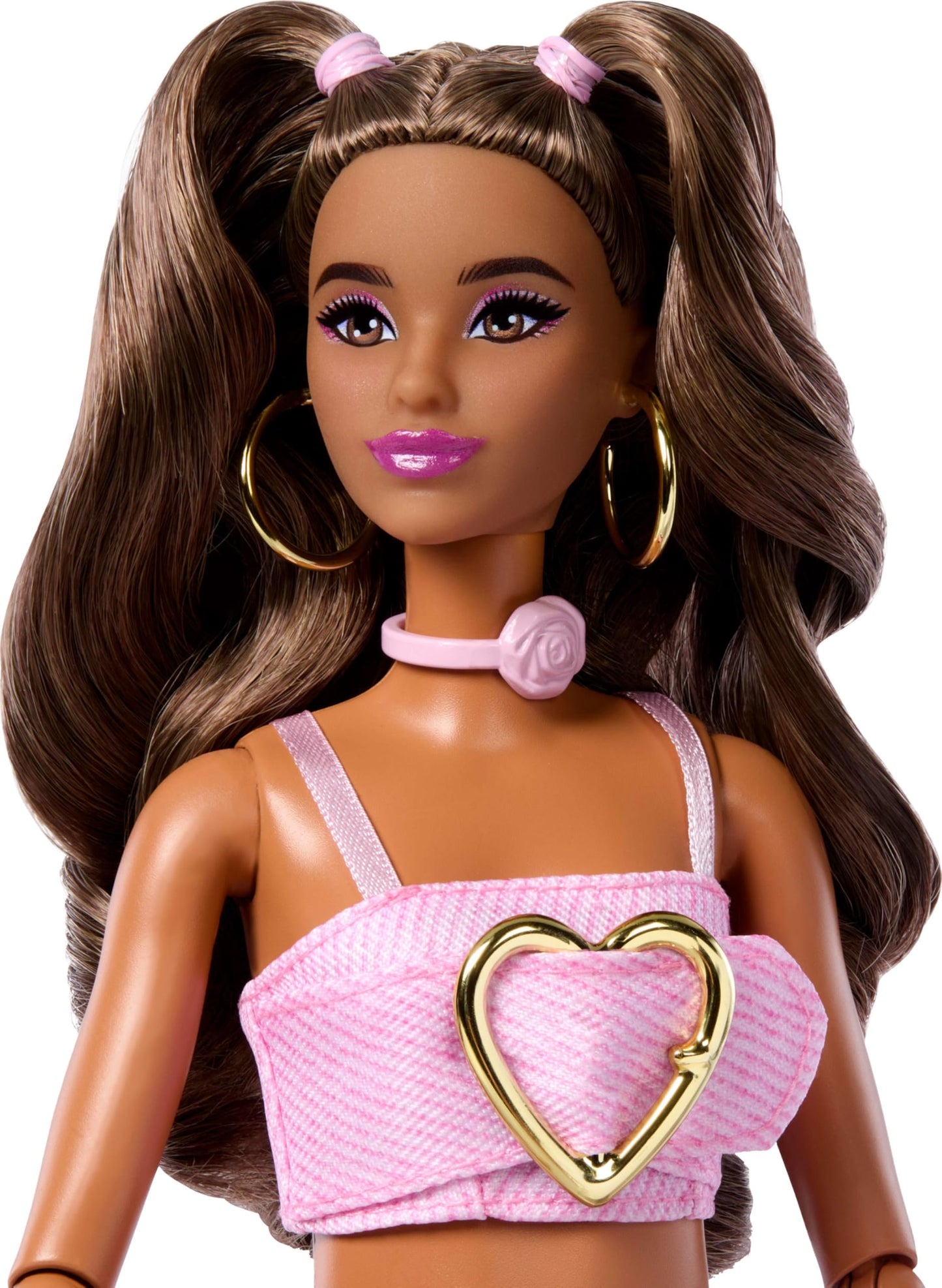 Barbie Deluxe Style Doll #12 in pink denim crop top and rose print flare jeans with wavy brown hair and accessories.