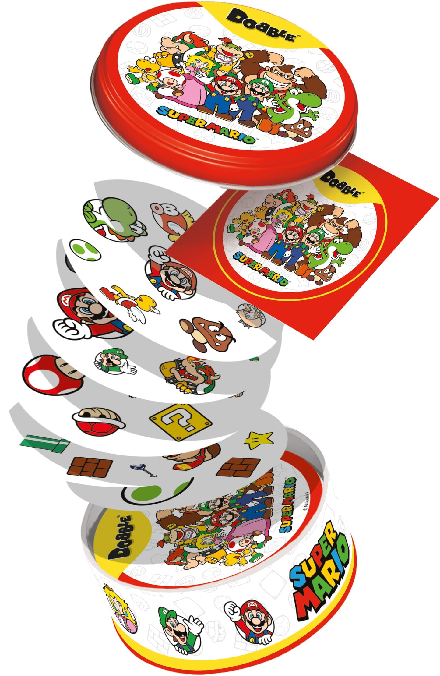 Asmodee Dobble Super Mario family card game with colorful Mario-themed cards for ages 6+ and 2-8 players.