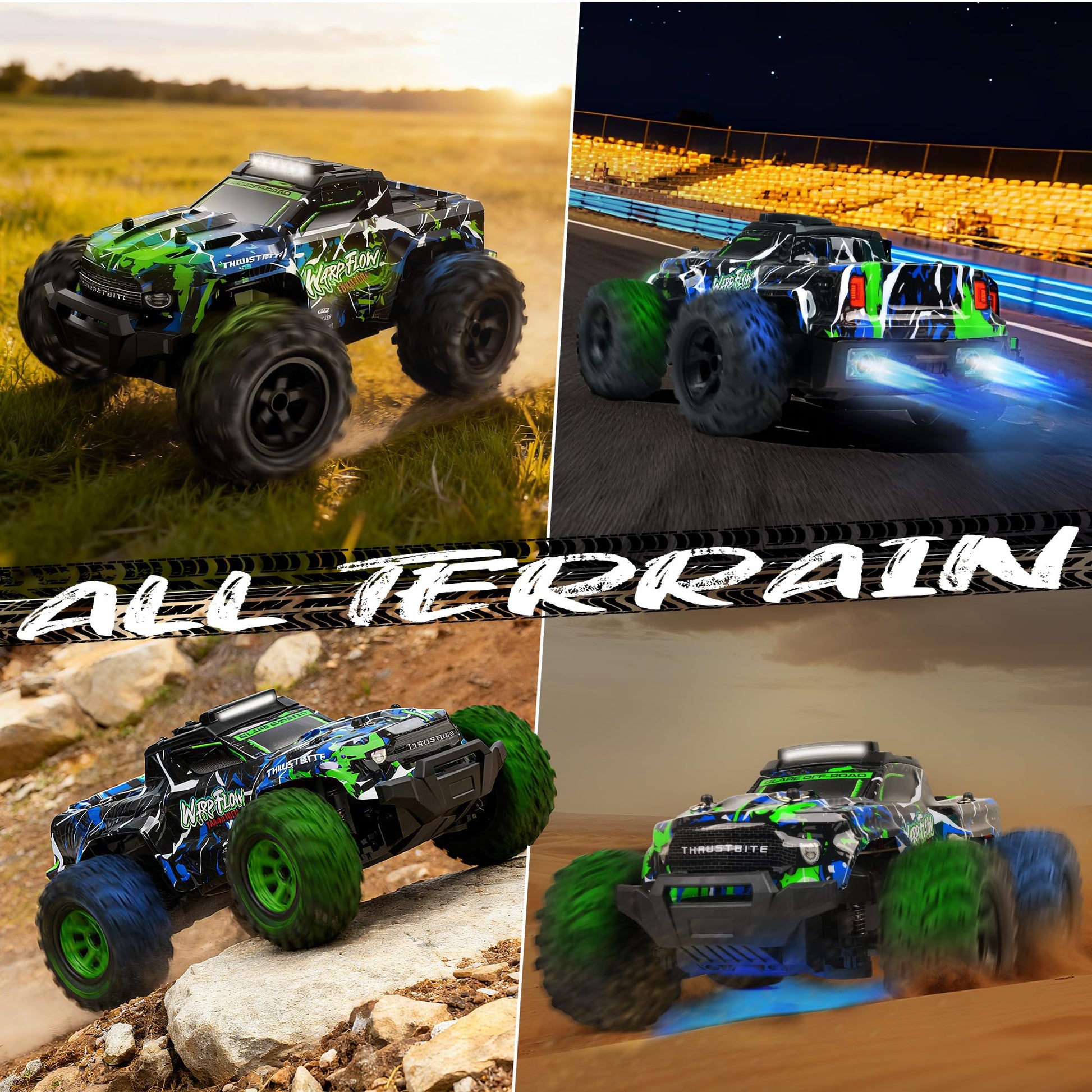 BAZADER 1:18 RC truck with LED lights, all-terrain tires, high-speed design, off-road capabilities, and spray feature for kids and adults.