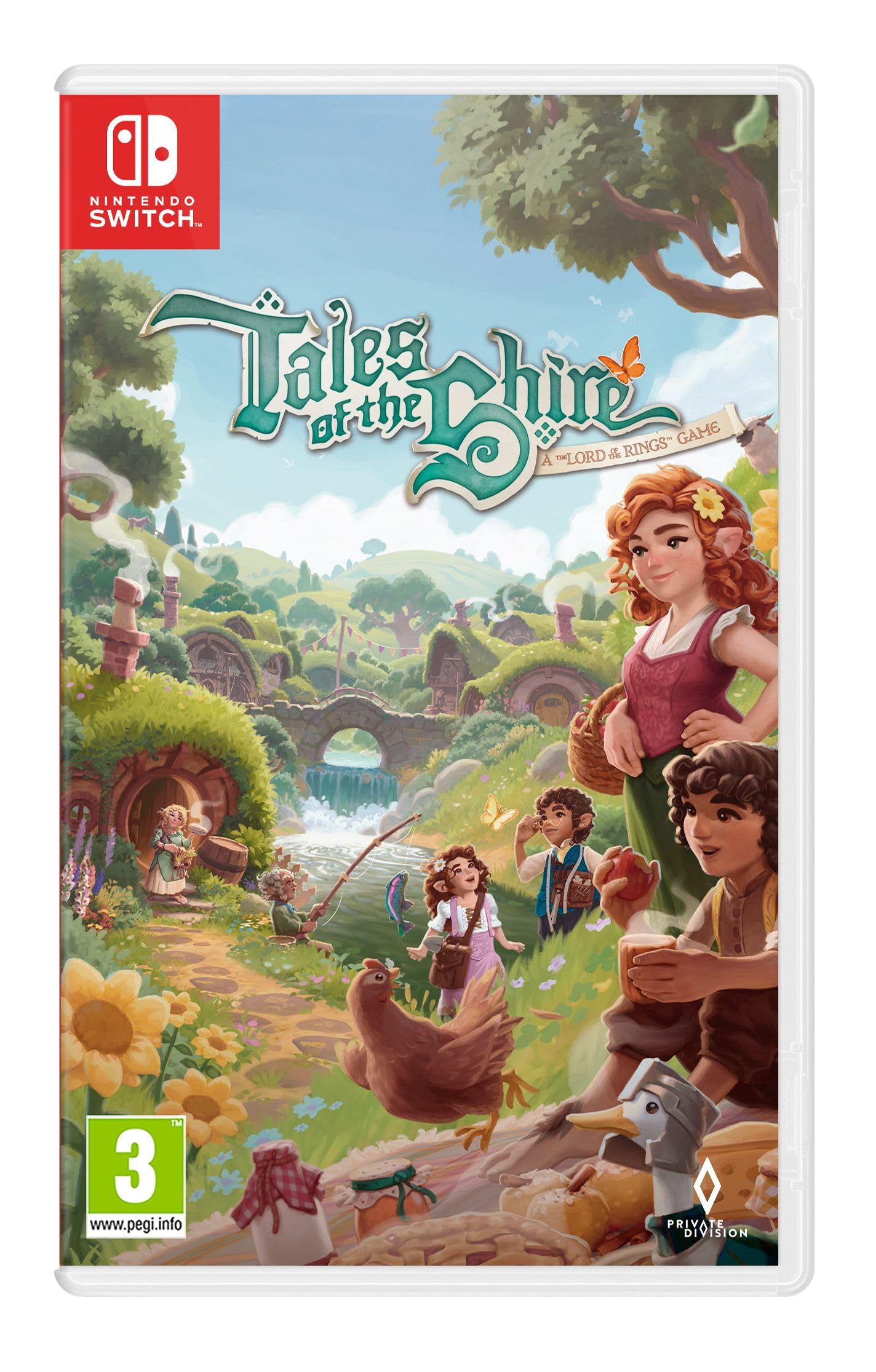 Switch game case for Tales of the Shire: A Lord of The Rings Game by iam8bit, featuring fantasy artwork and game title on the cover.