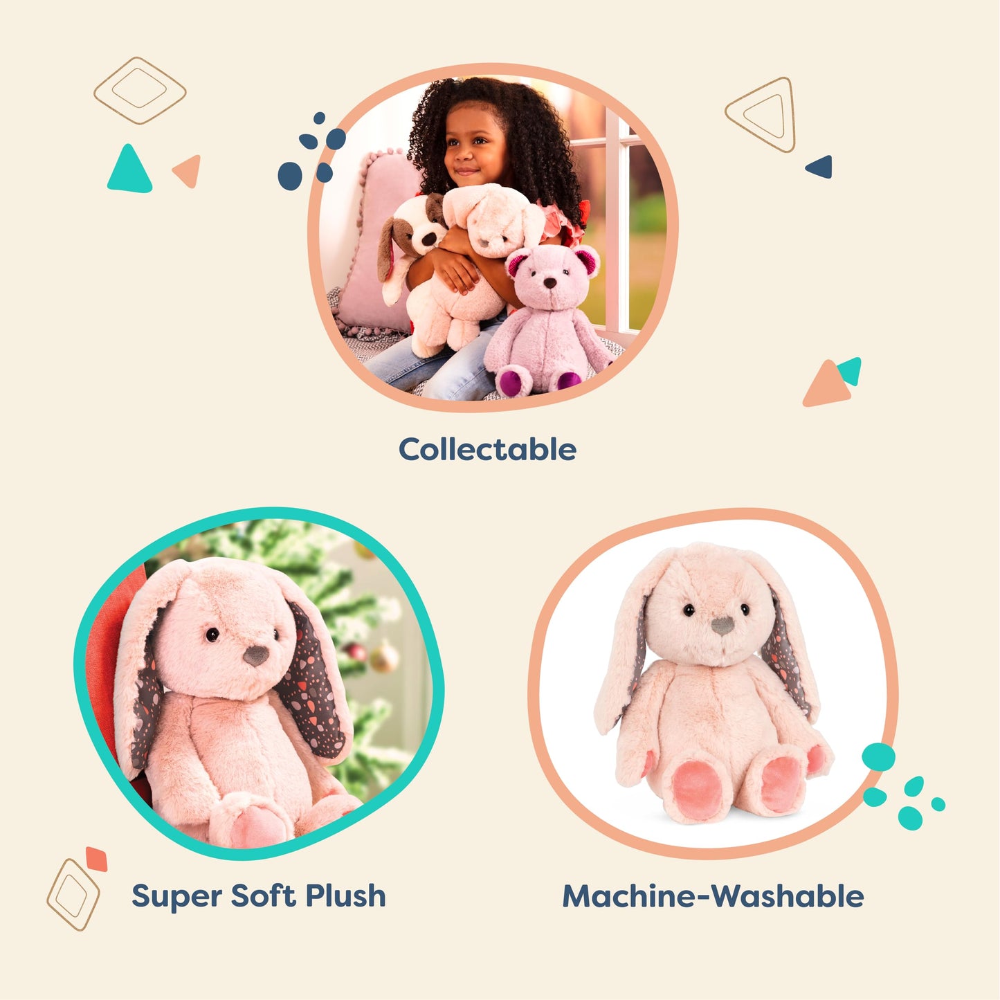 Pink plush bunny toy from B. toys, 12-inch huggable stuffed animal with soft, washable fabric for newborns and toddlers.