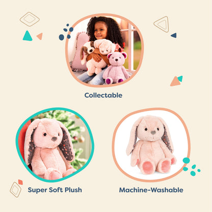 Pink plush bunny toy from B. toys, 12-inch huggable stuffed animal with soft, washable fabric for newborns and toddlers.