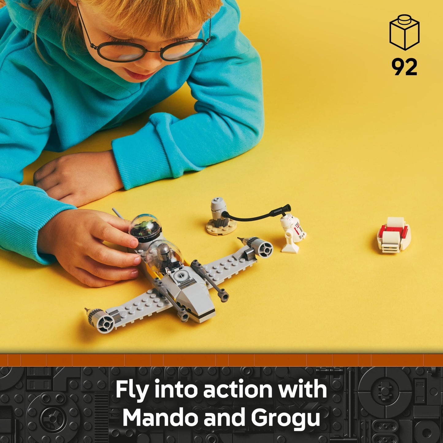 LEGO Star Wars 75410 Mando and Grogu's N-1 Starfighter set with minifigures and fueling station for imaginative play.