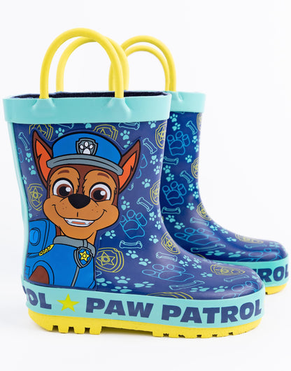 Paw Patrol Boys Wellies | Blue Rain Wellington Boots for Kids | Chase the Rescue Pup Cartoon Police Dog Fun | Toddlers Water Resistant Walking Shoes with Pull Handles | Merchandise Gift for Children