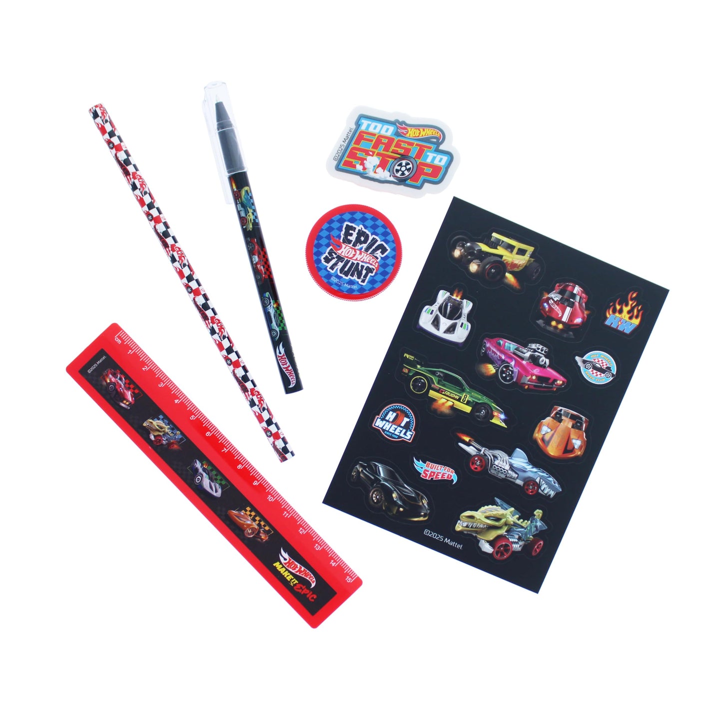Blueprint Collections Hot Wheels Super Stationery Set with A5 exercise book, ruler, pen, pencil, eraser, sharpener, and stickers for boys