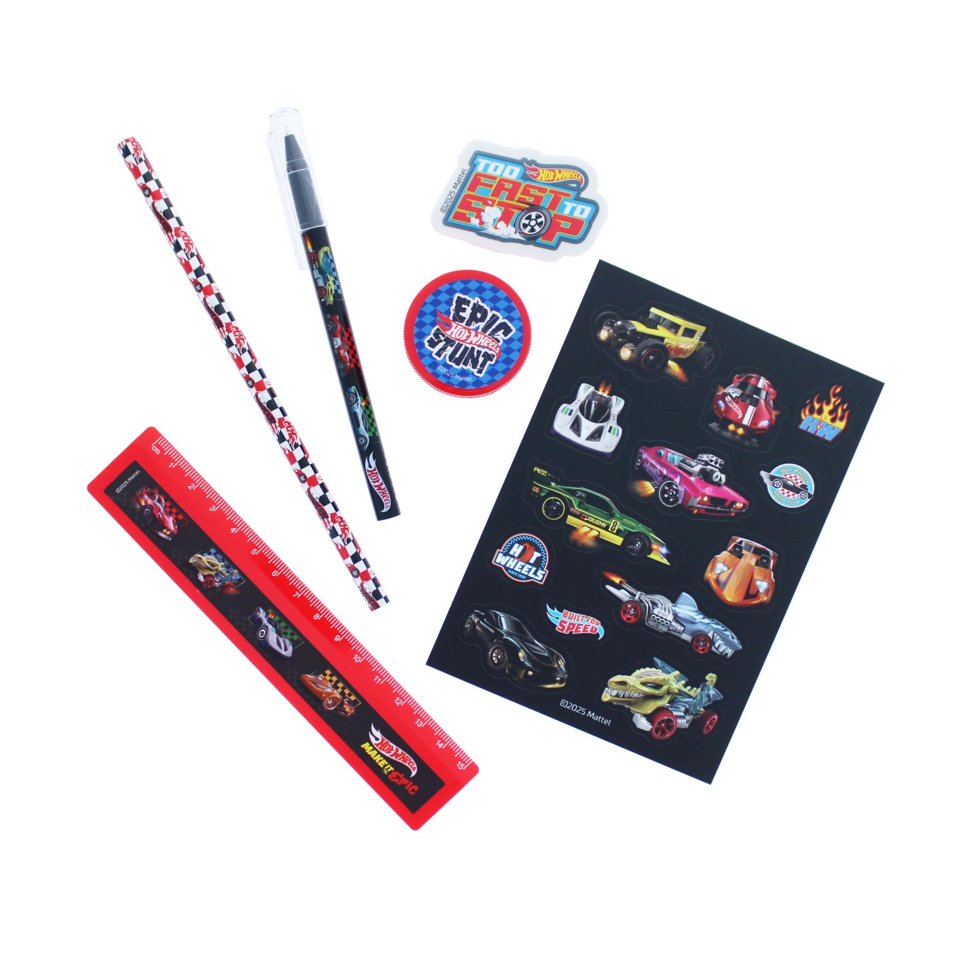 Blueprint Collections Hot Wheels Super Stationery Set with A5 exercise book, ruler, pen, pencil, eraser, sharpener, and stickers for boys