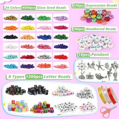 Volance 5500pcs Bracelet Making Kit,4 mm Glass Seed Beads and Letter Alphabet Beads for Friendship Jewelry Making, with Charm and Elastic Strings, Friendship Bracelets Holiday Gifts for Girls Adults