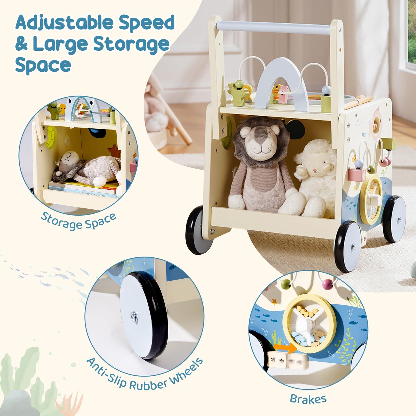 Robud wooden baby walker with adjustable height, magnetic fishing rod, and underwater themed activity center for toddlers 10-36 months.