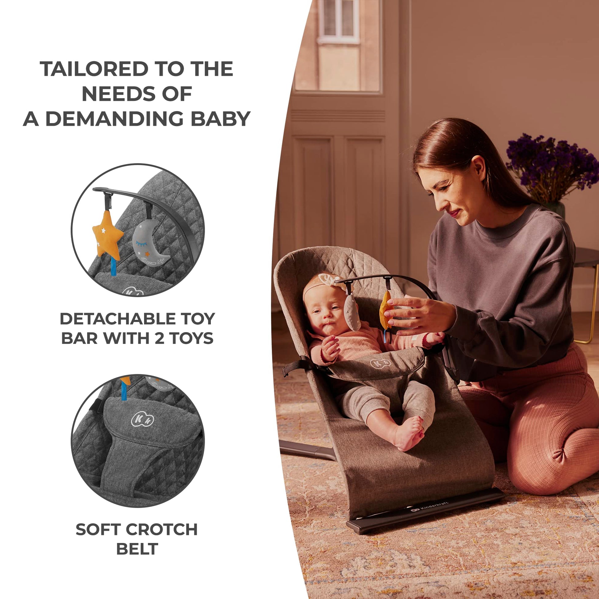 Kinderkraft Mimi baby bouncer chair with soft gray fabric, toy bar, adjustable seat, non-slip elements, suitable for newborns up to 9 kg.
