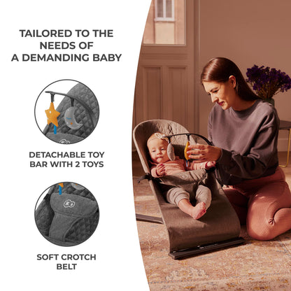 Kinderkraft Mimi baby bouncer chair with soft gray fabric, toy bar, adjustable seat, non-slip elements, suitable for newborns up to 9 kg.