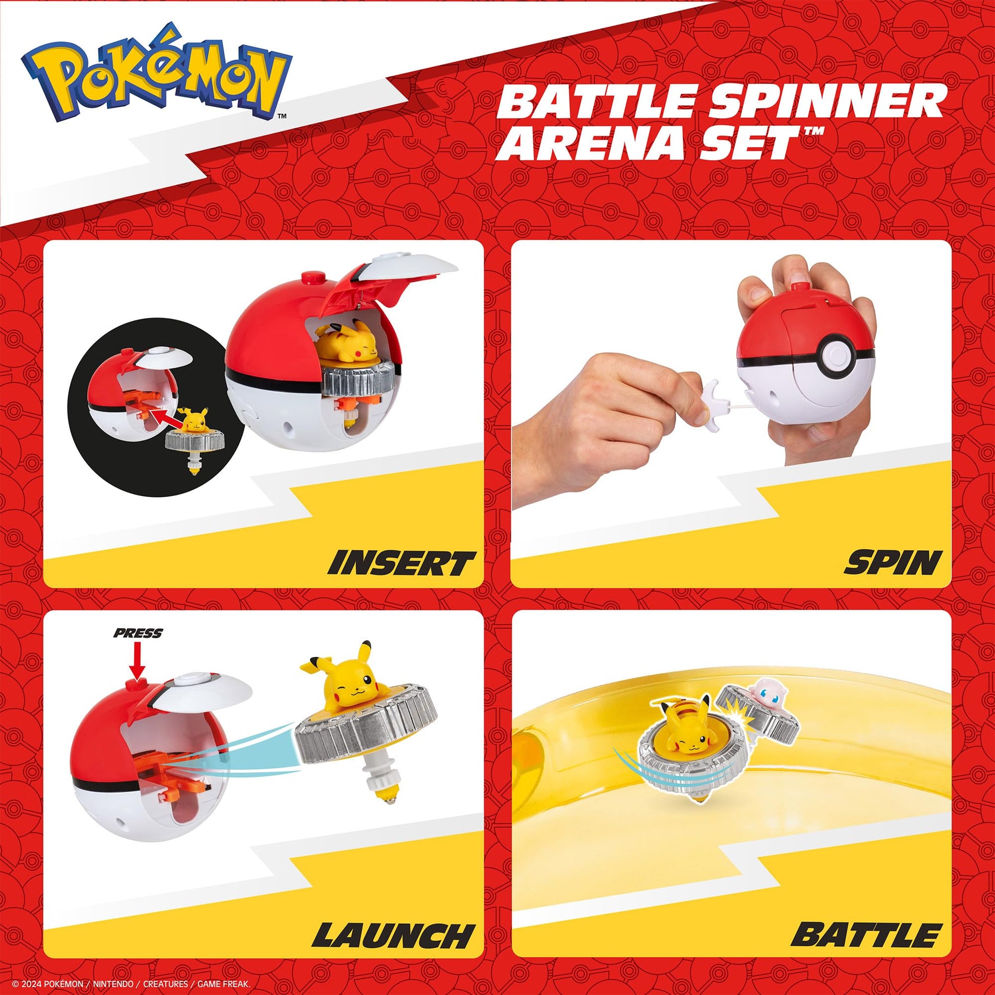 Pokémon Battle Spinner Arena Set featuring two battle spinners, two Poké Ball launchers, and an arena backdrop.