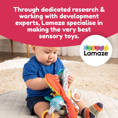 LAMAZE Freddie the Firefly clip-on baby toy attached to a stroller, sensory toy for newborns 0-6 months, colorful and soft.