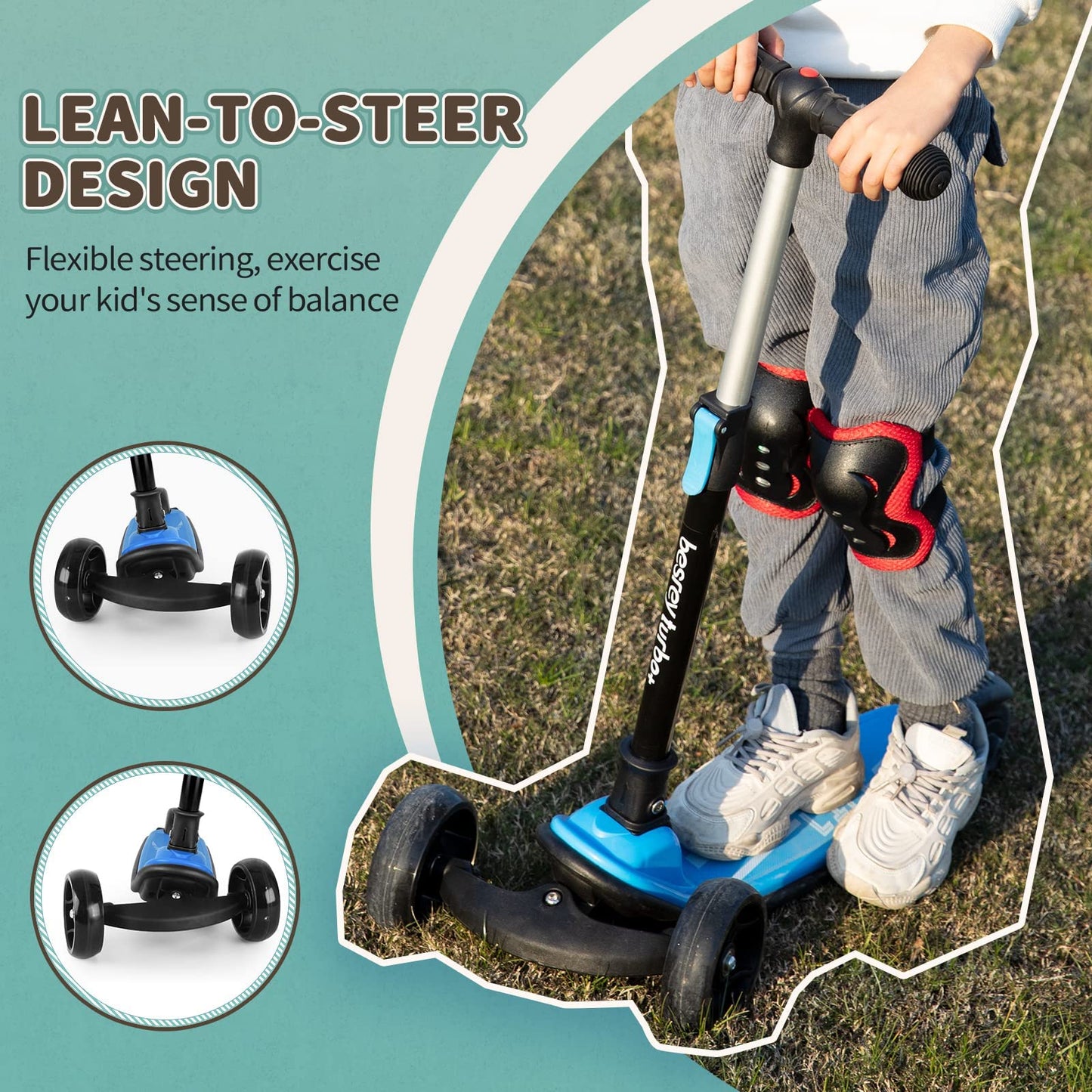 Besrey kids scooter with big wheels, flashing LED lights, adjustable height, and three wheels for ages 3-10, foldable and safe design.