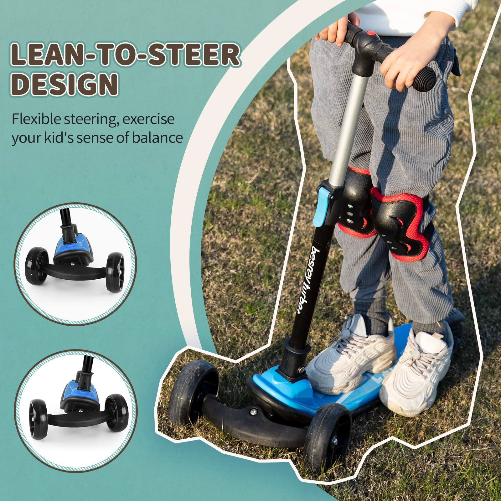 Besrey kids scooter with big wheels, flashing LED lights, adjustable height, and three wheels for ages 3-10, foldable and safe design.