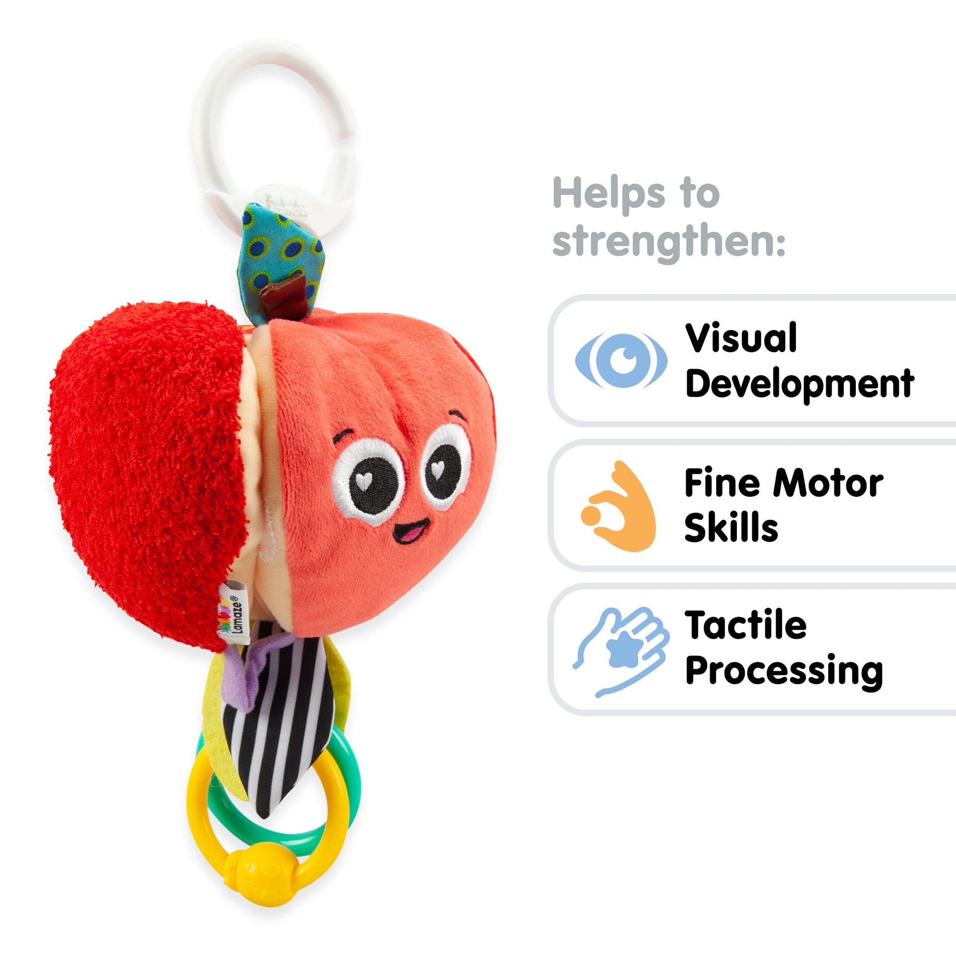LAMAZE Archer The Apple sensory baby toy clipped to a stroller, featuring multicoloured colors and sounds for newborn development.