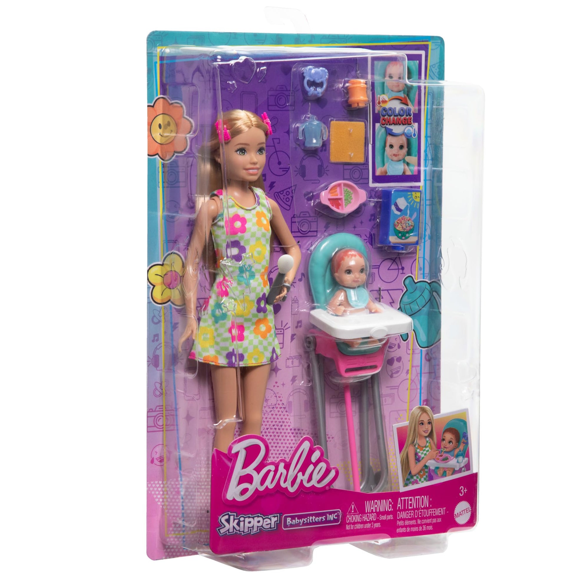 Barbie Skipper doll playset with accessories, featuring a mealtime theme and color-change toy for babysitting fun.
