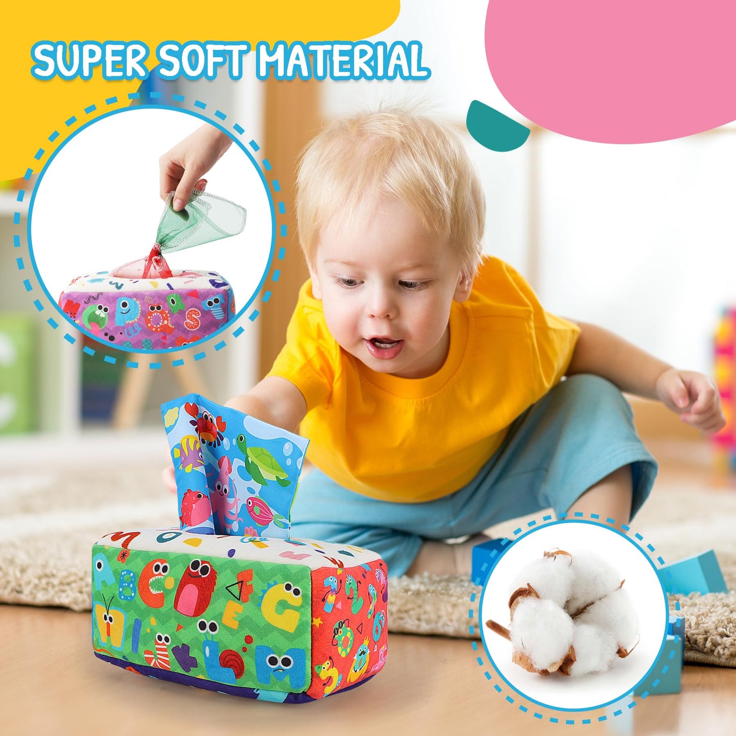 URMYWO Baby Toys 6 to 12 Months, Baby Tissue Box Toy, Sensory Toys for Babies, Toys for 1 Year Old Boy Girl, Soft Crinkle for Infant Toddlers, Stocking Stuffers, Baby Boy Girl Gifts