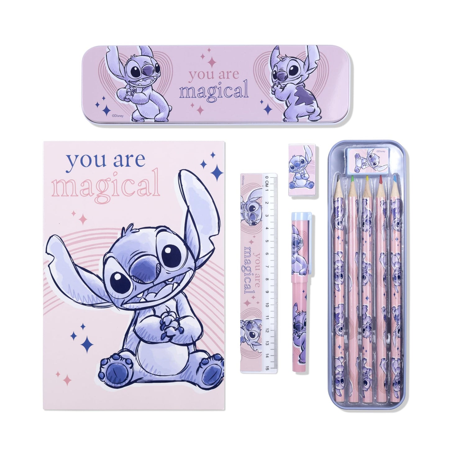 Disney Kids Lilo & Stitch pencil case with coloring pencils, featuring colorful art supplies and stationery set for children.