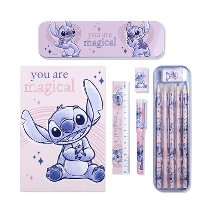 Disney Kids Lilo & Stitch pencil case with coloring pencils, featuring colorful art supplies and stationery set for children.