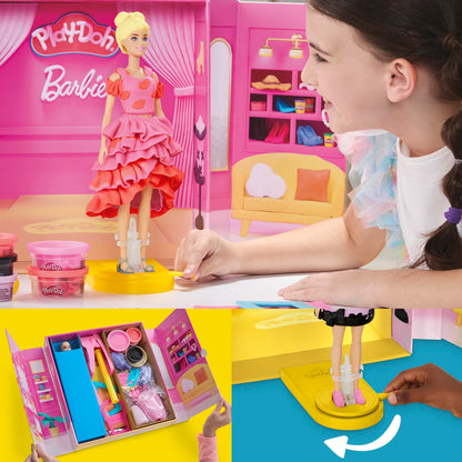 Play-Doh Barbie Designer Fashion Show Playset with colorful modeling dough and fashion accessories for creative play.