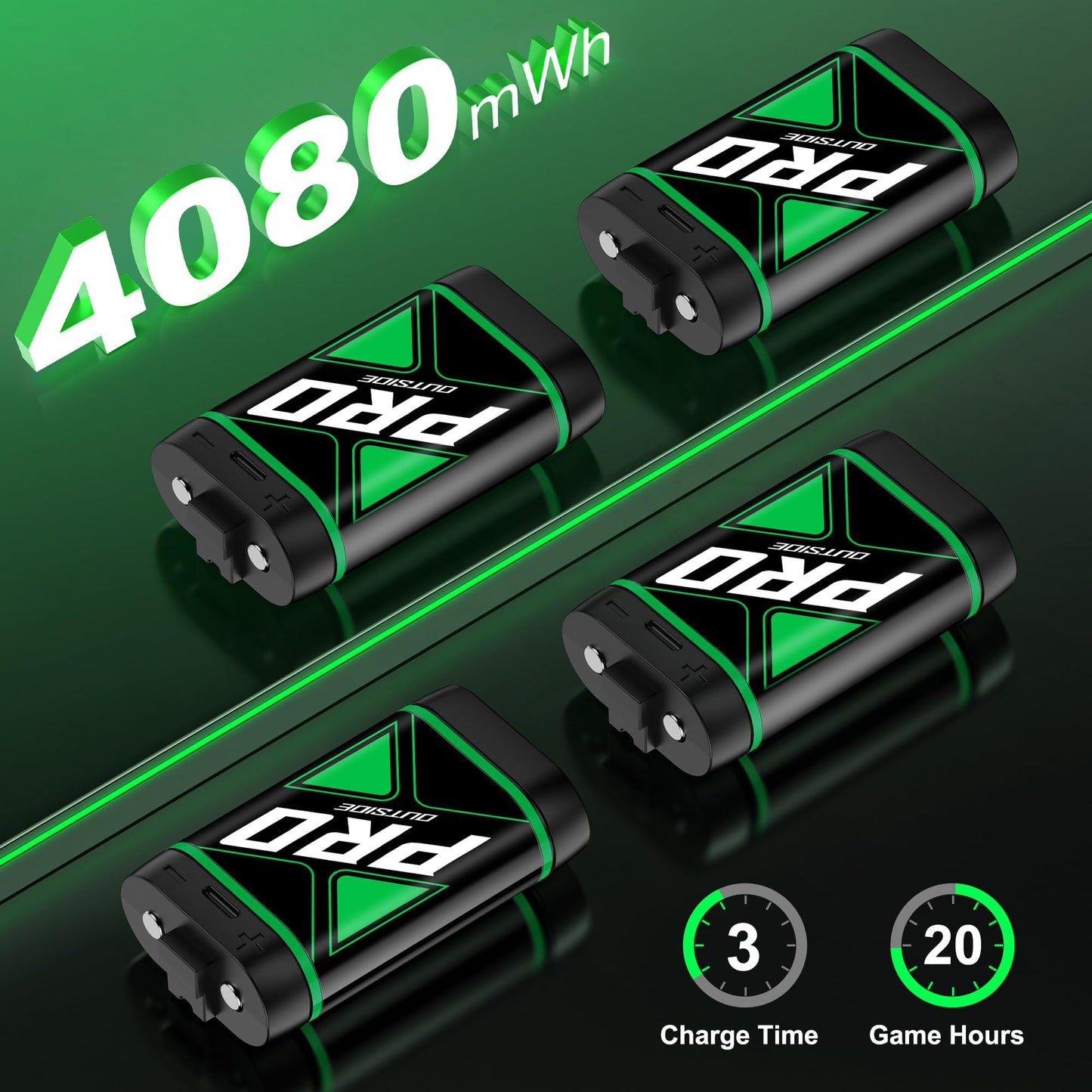 HEYLICOOL rechargeable battery packs for Xbox Series X|S and Xbox One controllers with charging dock, offering 20+ hours of gaming.