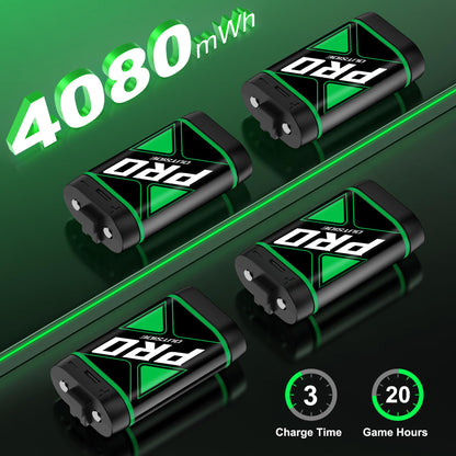 HEYLICOOL rechargeable battery packs for Xbox Series X|S and Xbox One controllers with charging dock, offering 20+ hours of gaming.