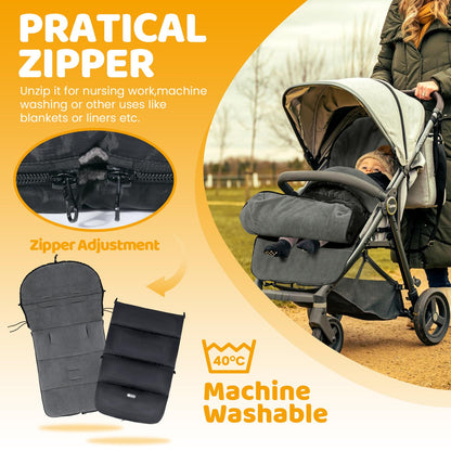IvyWind universal baby footmuff in black and grey with drawstring, waterproof, warm pongee fabric, zip closure, and washable design.