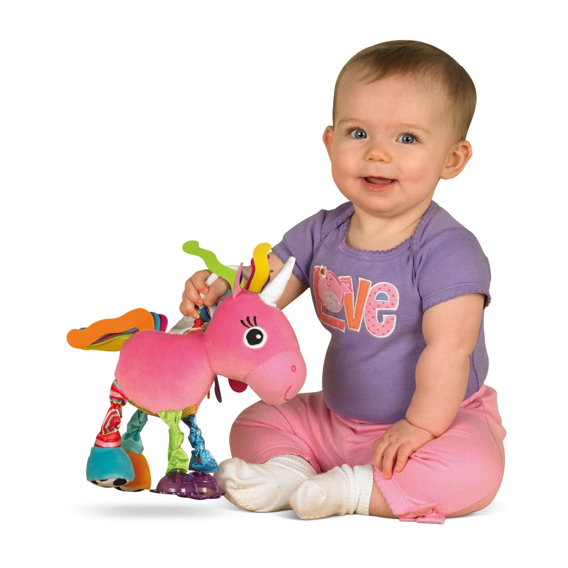 LAMAZE Tomy squeaky unicorn Tilly toy with textured fabric and squeaker for baby sensory play, soft and colorful for infants.