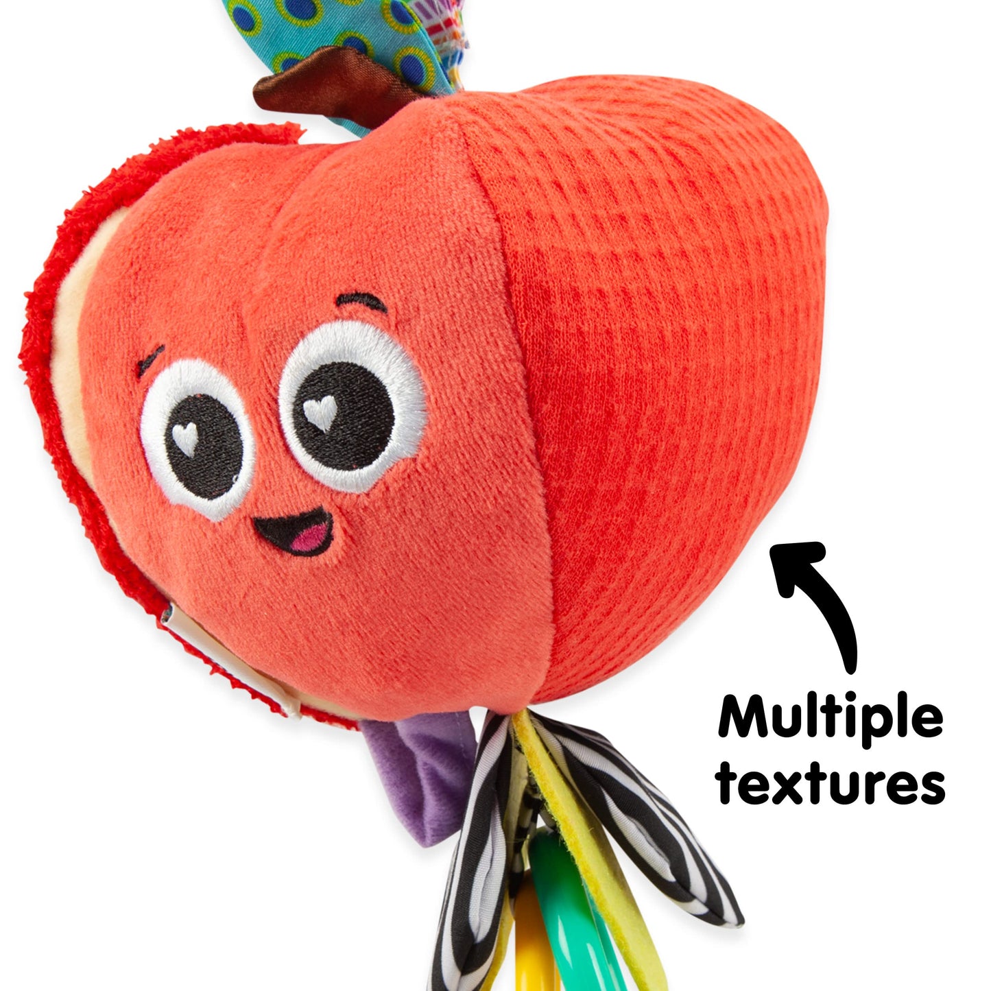 LAMAZE Archer The Apple clip-on sensory toy with colorful sounds for newborns and infants aged 0-24 months.