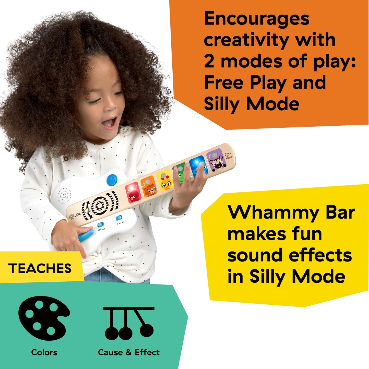 Baby Einstein baby musical toy guitar with light-up buttons, wooden body, and whammy bar for children aged 6 months and up.