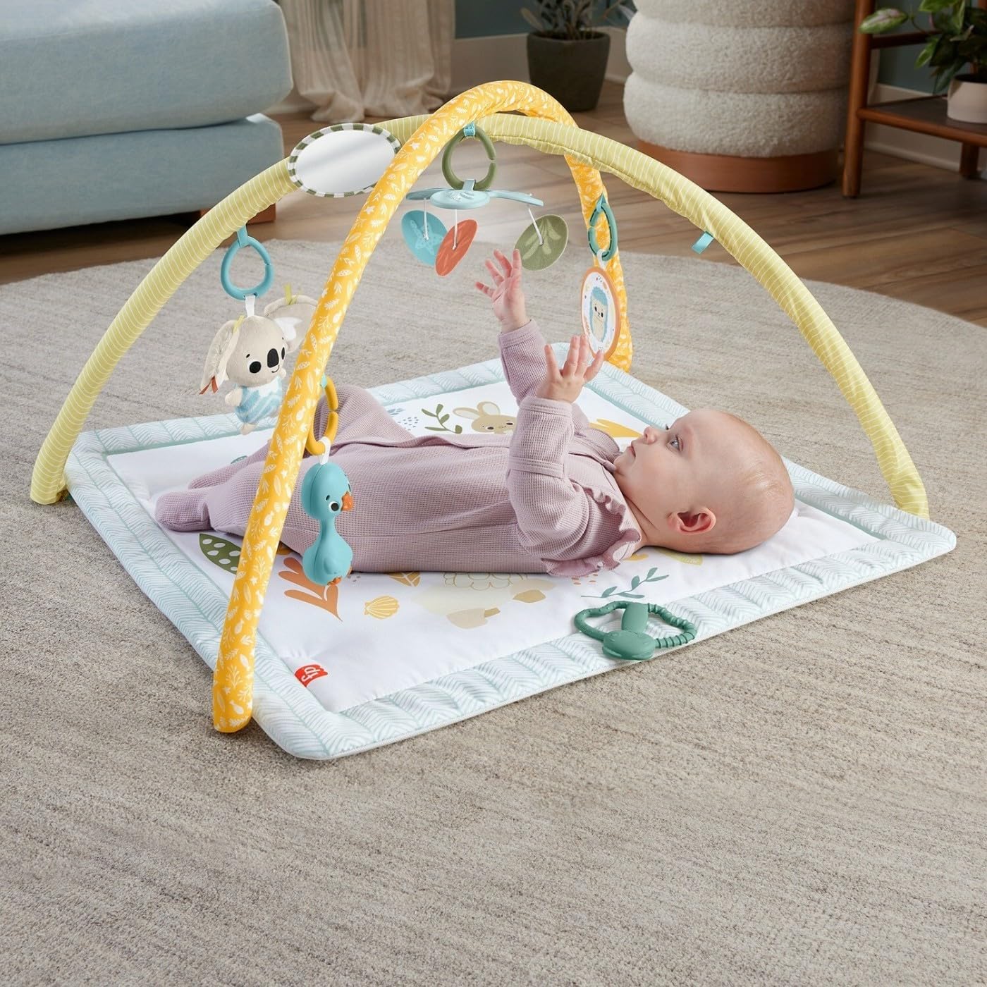 Fisher-Price Baby Playmat Simply Senses newborn gym with colorful sensory toys, mobile, and soft mat for developmental play ages 0+ months