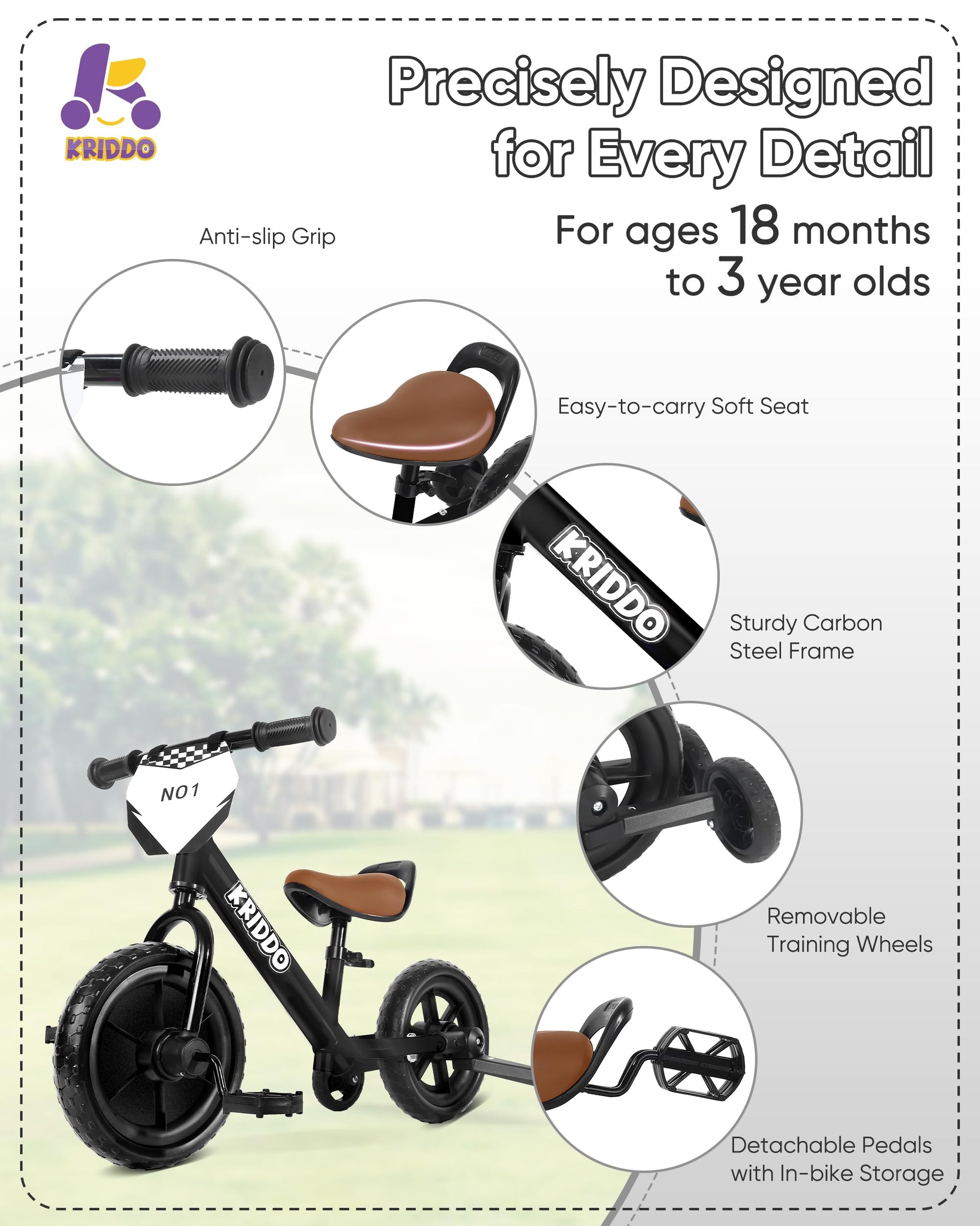 KRIDDO 2-in-1 kids tricycle and balance bike with detachable pedals and training wheels for toddlers, in black color.