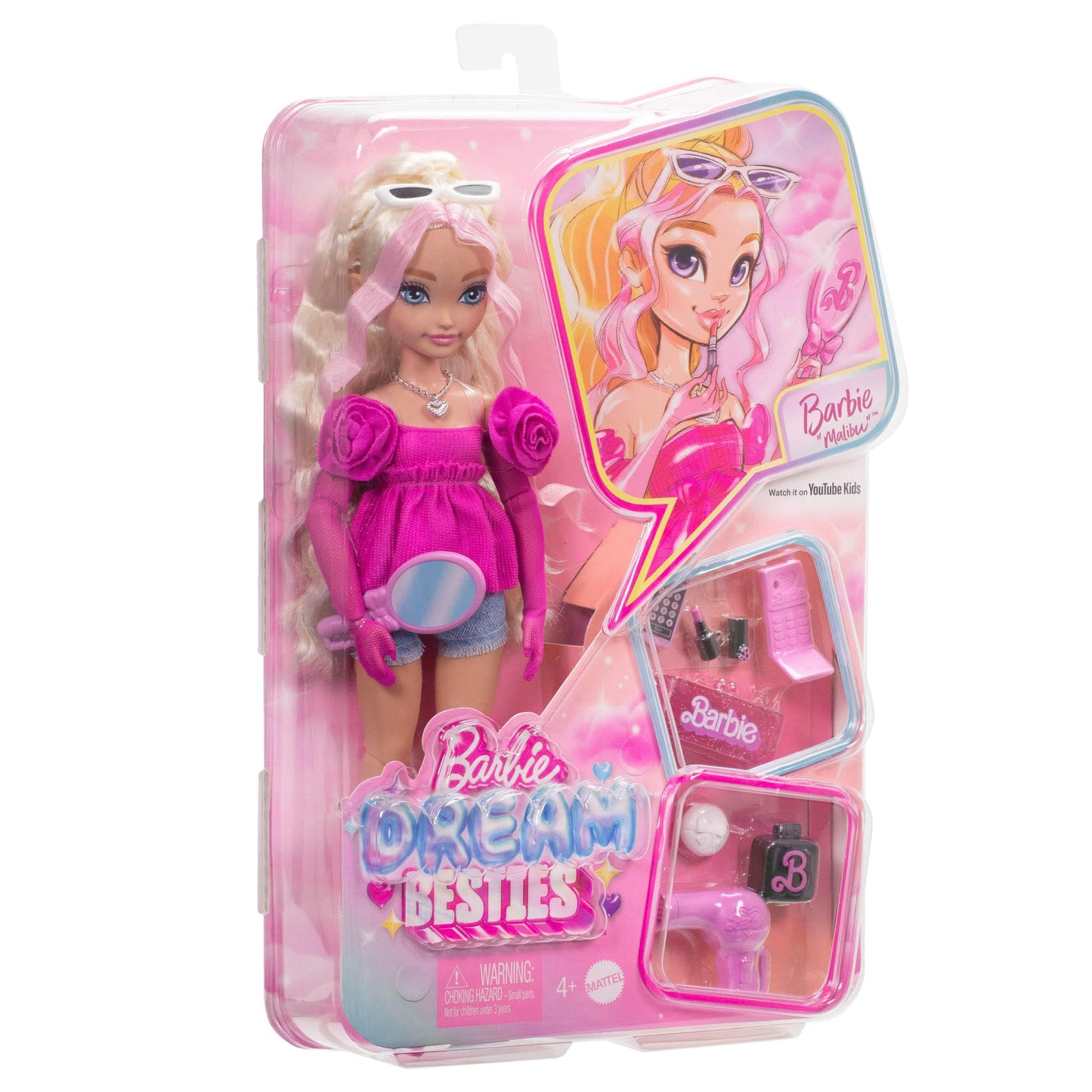 Barbie Dream Besties Playset featuring Malibu Barbie doll with wavy blonde hair and 11 makeup and hair-themed accessories.