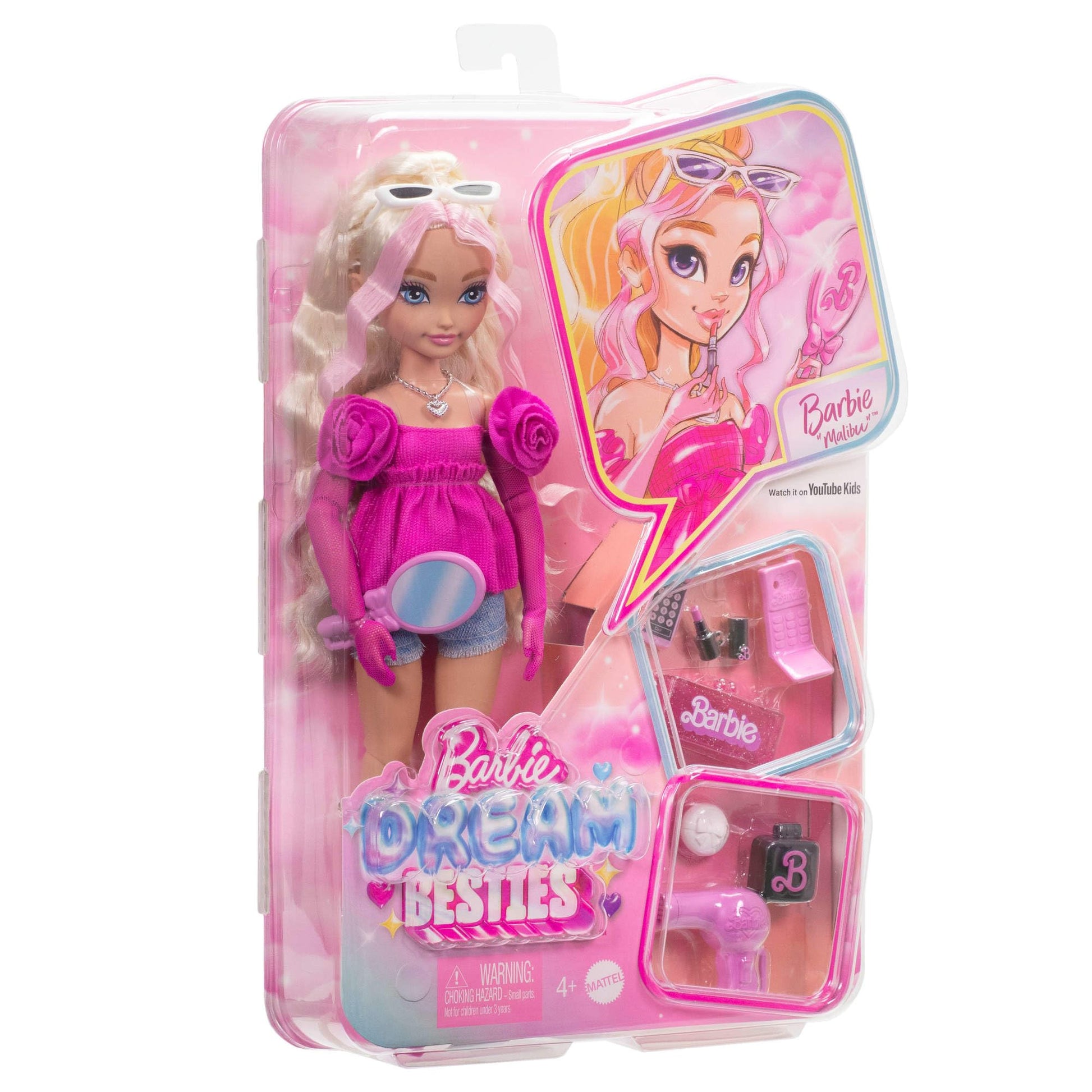 Barbie Dream Besties Playset featuring Malibu Barbie doll with wavy blonde hair and 11 makeup and hair-themed accessories.