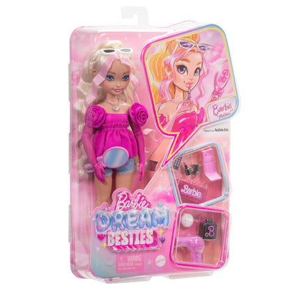 Barbie Dream Besties Playset featuring Malibu Barbie doll with wavy blonde hair and 11 makeup and hair-themed accessories.