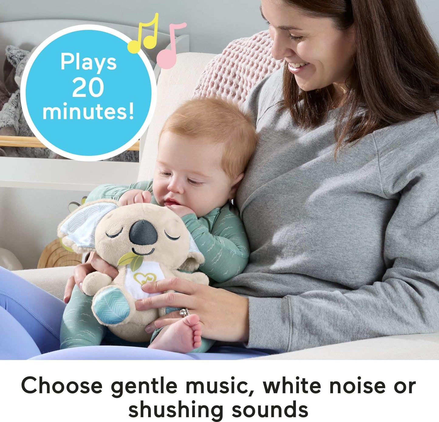 Fisher-Price Baby Toy On-the-Go Koala Soother plush sound machine with white noise and music for newborns, portable and soft.
