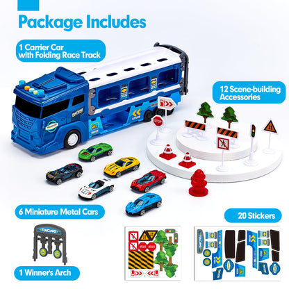 hahaland Puzzle Racer Toy Truck for 3 Year Olds – 2 in 1 Car Carrier Transforms into 114cm Race Track with Dual Launcher! 6 Mini Cars & Accessories – Top 3-10 Year Old Boy Toys & Gifts