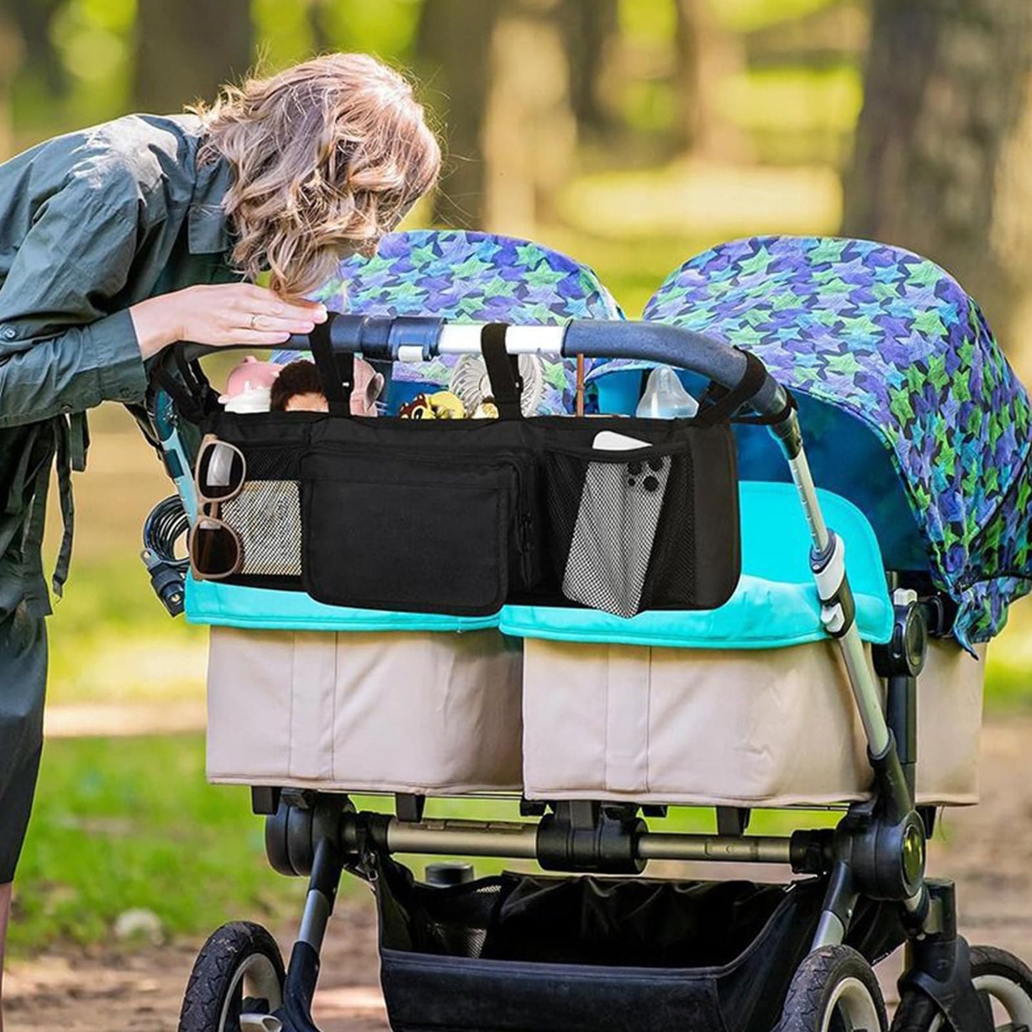 Double Stroller Organizer - Spacious Water Proof Organization with 3 Compartments | Baby Stroller Organizers,for Daily Baby Parents Home Outdoor Camping Walking Home