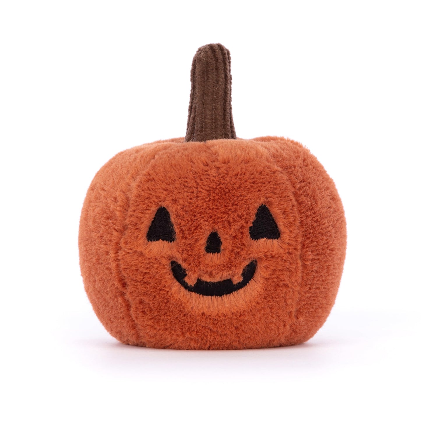 Jellycat Halloween Ooky Jack O Lantern Pumpkin plush toy, 10cm x 9cm, featuring a smiling face and soft, textured fabric.