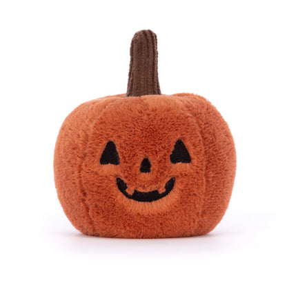Jellycat Halloween Ooky Jack O Lantern Pumpkin plush toy, 10cm x 9cm, featuring a smiling face and soft, textured fabric.