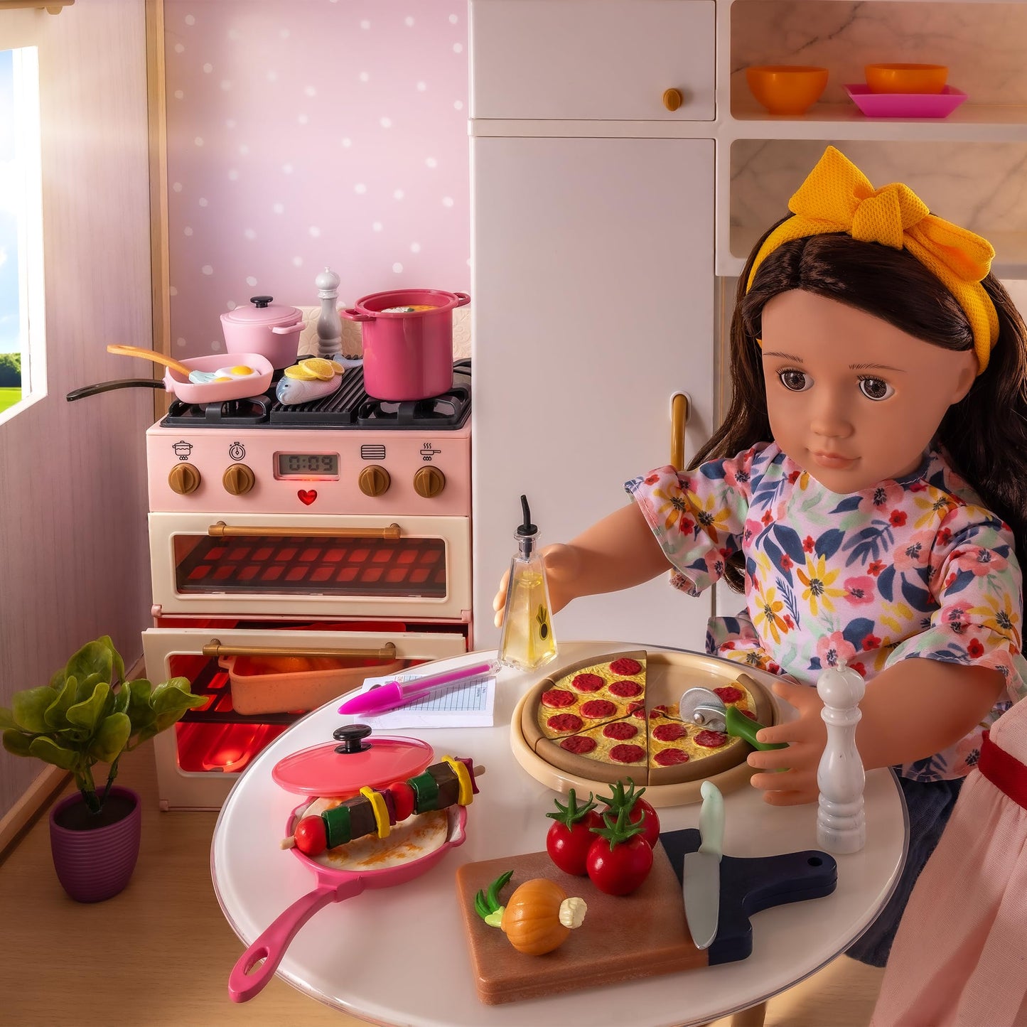 Our Generation Make & Bake Stove Playset with double oven, 25 pieces, realistic cooking sounds for 18-inch dolls.
