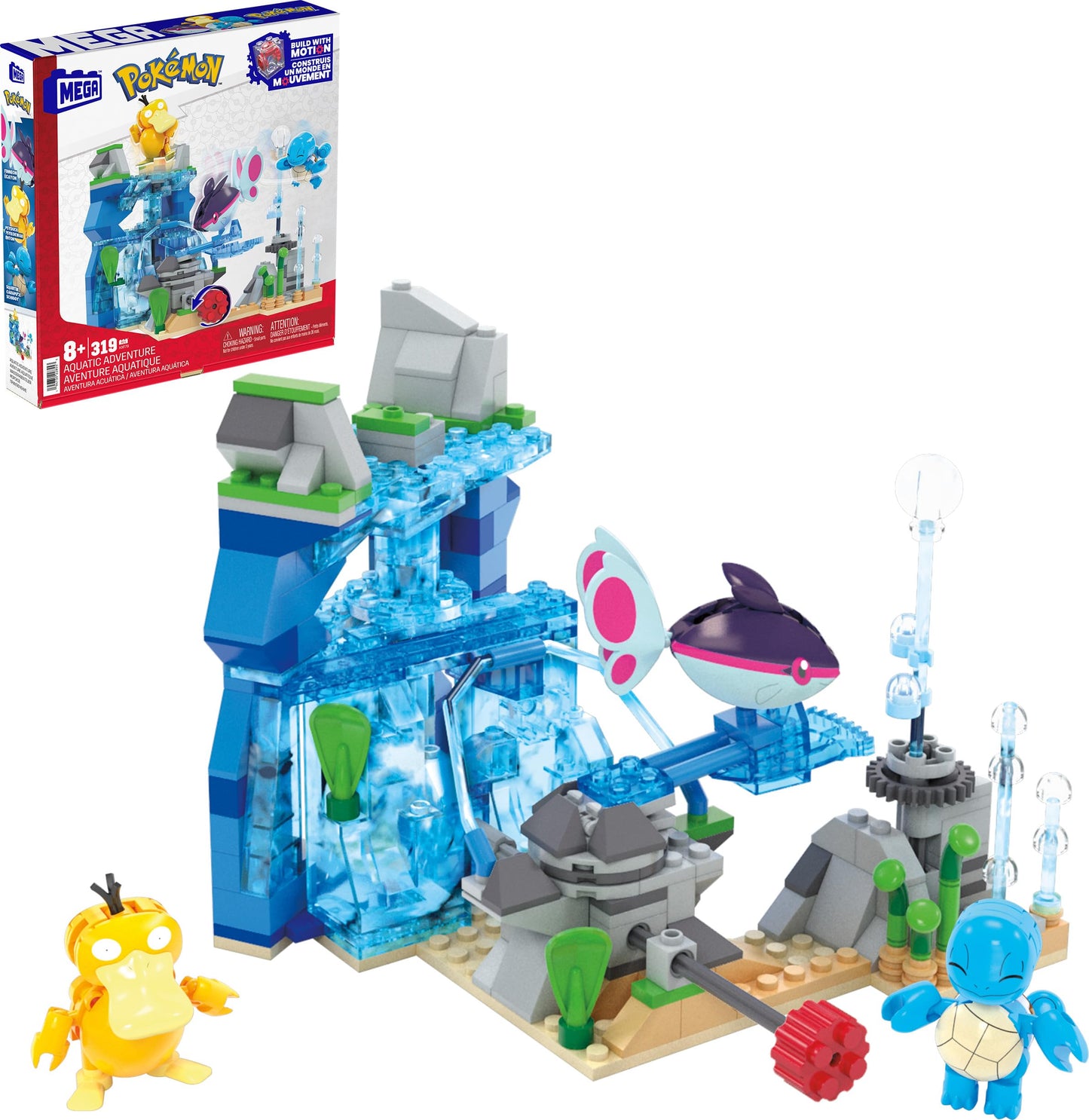 MEGA Pokémon Building Toys Set featuring aquatic adventure scene with 319 pieces and 2 poseable characters for kids.