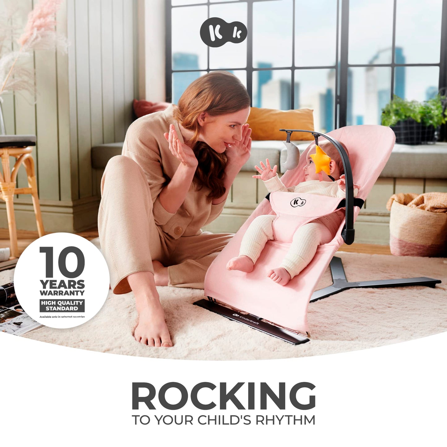 Kinderkraft Mimi baby bouncer chair with soft gray fabric, adjustable seat, toy bar, and non-slip elements for newborns up to 9 kg.