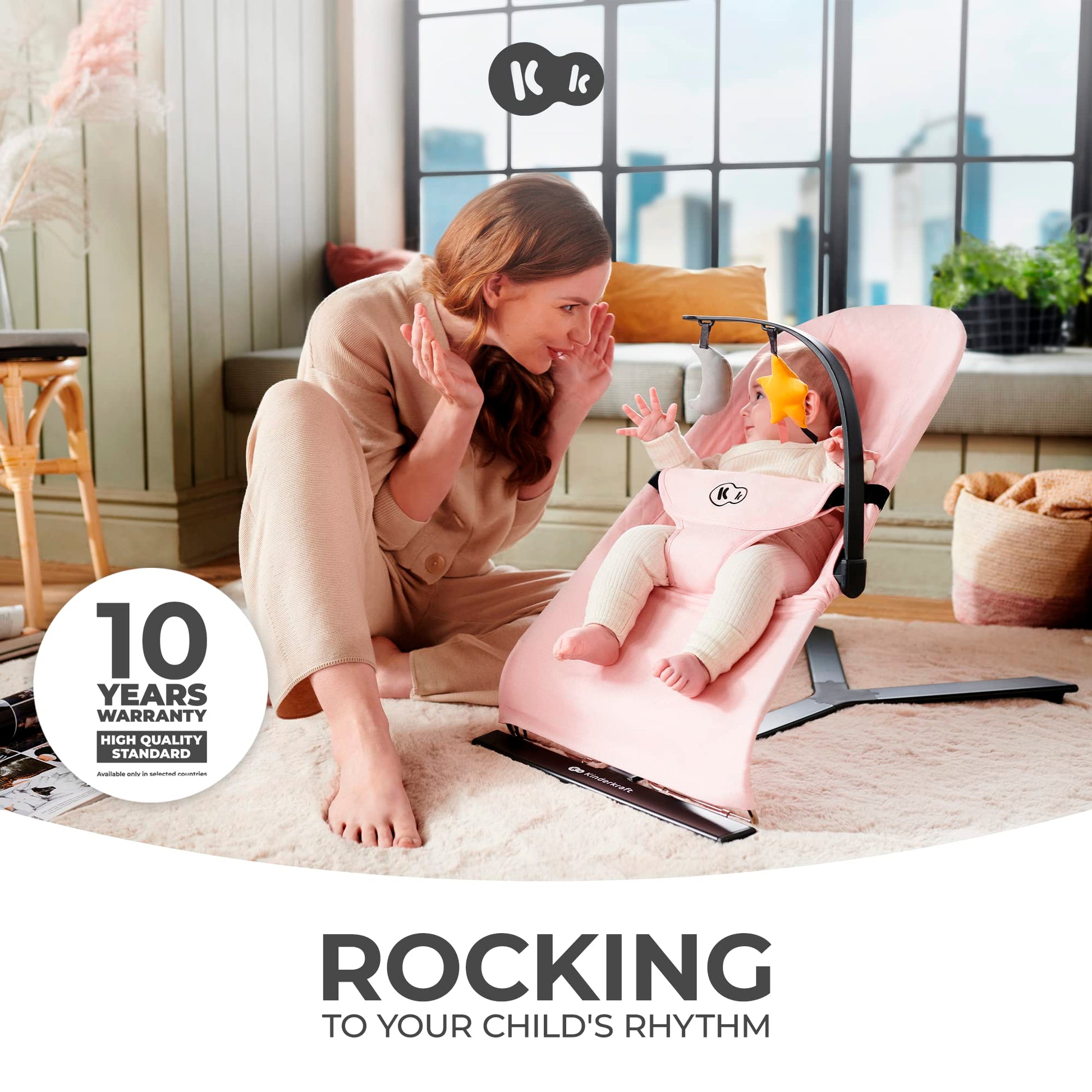 Kinderkraft Mimi baby bouncer chair with soft gray fabric, adjustable seat, toy bar, and non-slip elements for newborns up to 9 kg.